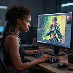 cyberpunk realistic black female artist creating art on her computer, artstation trends, sci fi concept art, highly detailed, intricate, sharp focus, digital art, 8 k,