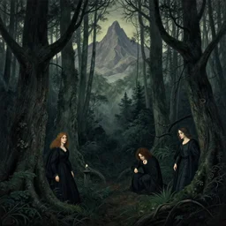 ancient forest, artstation, by aubrey beardsley, by caspar david friedrich, by laurie lipton, by kay nielsen, by ivan shishkin, calligraphy, divine, paradox, mysterious!, atmospheric, surreal, terrifying, witchcraft!, hope, mountains! background