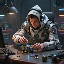 an intricate concept art of a man wearing a hoodie with headset, inventing a tiny machine on his table, hyper realistic, photo - realistic,, scifi bedroom vibe, style of ivan talavera and artgerm, octane render, artstation, cgsociety, cinematic light