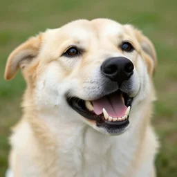 a dog that is smiling with human teeth