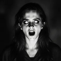 emma watson as the ghost girl from the ring, she has white eyes without pupils, her mouth is agape, the grudge, japanese horror, dark, scary, black and white tape footage, modeling