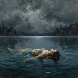 A beautiful concept art painting of a gloomy lake with a body floating slightly below the surface by Natasha Tan, trending on artstation, dramatic lighting