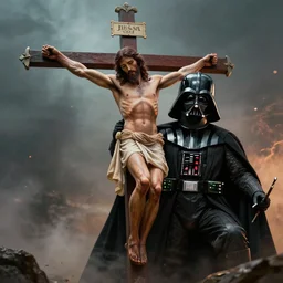 jesus christ defeating darth vader, using his cross as weapon, photorealistic, cinematic lighting, extremely detailed