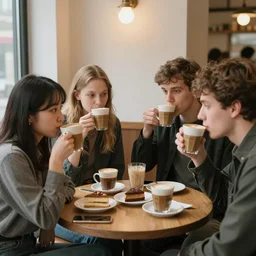 a group of 4 people drinking coffee : korean girl, osetin girl, vyacheslav, ilya
