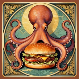 octopus eating a giant burger, digital art, antique vintage art nouveau style, symmetrical, extremely detailed