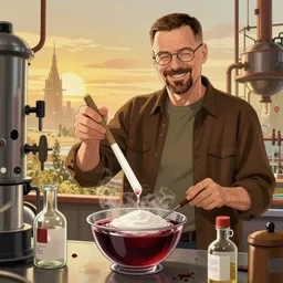Thomas Jane, an illustration of happy Walter White and Jesse Pinkman cooking meth in super lab, art by Ilya Kuvshinov, highly detailed, anime key visual, warm colors, epic landscape, official media, HD digital art, artstation