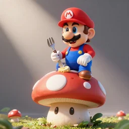 Super Mario eating Luigi with a knife and fork on a toad mushroom