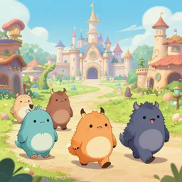 cute furry monsters walking a fantasy theme park, fantasy, concept art, artstation, disney, pixar, dreamworks, anime, tyler edlin, feng zhu, james jean, thomas karpi