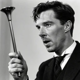 stunning bw film photograph of ( ( ( ( benedict cumberbatch holding a plumbus ) ) ) ), closeup, aperture 1. 2