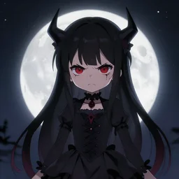 full shot of angry darkness cute anime girl at moonlight, gothic wearing, inspired by Tim Burton, Norihiro Yagi, Amano&, detailed, unreal engine 4k volumetric light, fog,