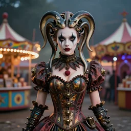 photorealistic soft paint of a curiosities carnival, single young beautiful clown dollpunk in a full steampunk corset snakes haircut, symmetry accurate features, ominous depths, elegance, focus, rainbow lighting, very high details, award winning masterpiece, behance, by tom bagshaw