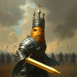 a scene of a armored humanoid potato wearing a king crown, on mediaval battlefield, golden sword, by peter mohrbacher