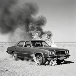 1970's sedan on fire in a desert, black and white, album cover