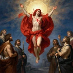 ascension of the scarlet woman by caravaggio adolf wolfli beksinski jan van eyck giger, fantasy, ascension to heaven, damned souls, golden sun, sky with stars, ecstatic visions, religious ritual, epiphany, conical red hood