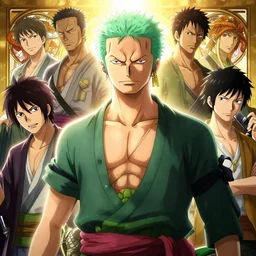 highly detailed vfx portrait of roronoa zoro, stephen bliss, greg rutkowski, loish, rhads, beeple, makoto shinkai, tom bagshaw, alphonse mucha, sharp focus, art by artgerm and greg rutkowski, green hair, backlit, harsh overhead sunlight,