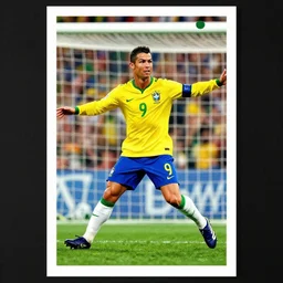 og ronaldo nazario'r 9'wearing number nine world cup brazil goal, poster art by jason shawn alexander kurt schwitters james jean liam brazier victo ngai alphonse mucha tristan eaton, yellow and green