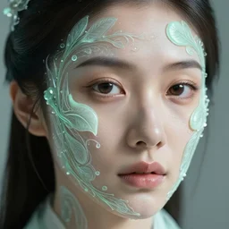 intricate highly detailed face portrait of asian - european woman, light mint transparent water vines on her face, intricate, cgsociety, unreal engine, octane render, sharp focus, smooth, volumetric lighting, cinematic composition, artstation c 1 0. 0