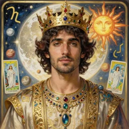 rami malek portrait by louis - theophile hingre and alphonse mucha, realistic, sharp focus, zodiac signs, tarot cards, planets, ethereal, art nouveau, magic, moon, sun, crown, dreamy, royal, jewellery
