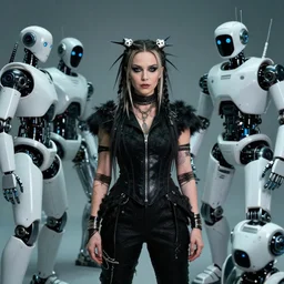 a photo of bjork surrounded by robots