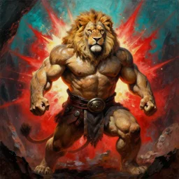 oversized muscular lion barbarian hunter full human body in portrait powerful pose and strong shiny backlight  of sun rays , red explosion  in cyan background , very textured detailed oil painting by rembrandt , hard backlight , in dark cave