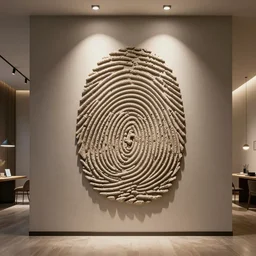 : fingerprint pattern sculpture art on the wall in modern architecture studio, cinematic lighting, hyper - realistic, detailed, render by c 4 d octane, unreal engine, 8 k 3 d render