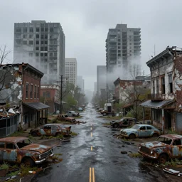 wide angle shot of dilapidated fallout 5 city in real life, desolate dilapidated overgrown town, empty streets, nightmarish, some rusted retro futuristic fallout style parked cars and trucks, overcast, blankets of fog pockets, rain, volumetric lighting, beautiful, daytime, spring, sharp focus, ultra detailed, cgsociety