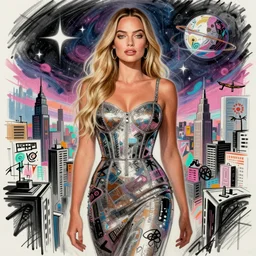 a sketch, ultra detailed, fashion, magic, universe, beautiful woman, similar to margot robbie, surreal city, in style of jean - michel basquiat, trending on artstation