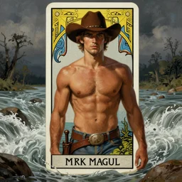 a dramatic, epic, ethereal tarot painting of a handsome!! brown shirtless cowboy!! | background is a torrential flooding river | tarot card, art deco, art nouveau | by Mark Maggiori | trending on artstation