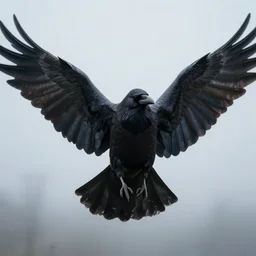 crow in a heroic pose with wings spread wide. atmospheric lighting. foggy background. highly detailed matte painting by greg rutkowski.