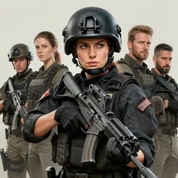 a female swat soldier, without a helmet | | realistic shaded, fine details, realistic shaded lighting poster by greg rutkowski, magali villeneuve, artgerm, jeremy lipkin and michael garmash and rob rey