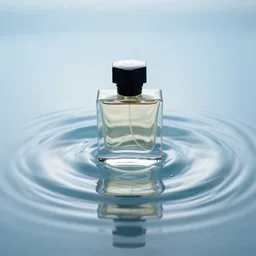perfume bottle emerging from water causing circular serene artistic ripples