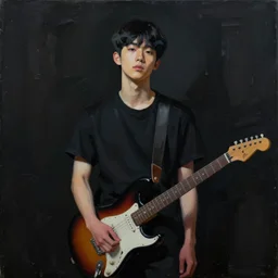 minimal dramatic painting of a young korean man wearing black t shirt holding an electric guitar!!, dark background, huge dramatic brush strokes, matte colors, abstract, trending on artstation