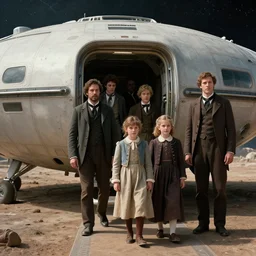 film still from a sci fi blockbuster movie made in 2022, set in 1860, of a family leaving a spaceship, that has just landed on an alien planet, wearing 1850s era clothes, good lighting, 4k, HD, in focus and detailed faces, oscar winner, high quality photography