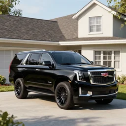 a black suv inspired by a cadillac escalade and gmc yukon parked in front of a house, a digital rendering by the family circus, trending on cg society, regionalism, ue 5, rendered in unreal engine, ultrafine detail
