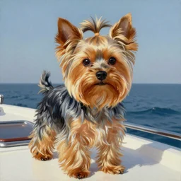ultra realistic portrait painting of a yorkshire terrier on a yacht, art by frank frazetta, 4 k, ultra realistic, highly detailed, epic lighting
