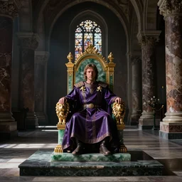 Cinematic wide view of a dark long Romanesque marble-hall, volumetric sunlight shining through ornate windows, at the end of the hall is a single throne, the throne made of green quartz and gold with arm-rests shaped like lions, Christopher Walken as Emperor Shaddam IV is sitting on the throne, the Emperor is wearing ornate Tyrian-purple regal leather uniform with two lion-pins made of gold, dark atmospheric lighting, highly detailed, by Ridley Scott