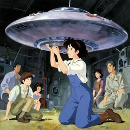 a film still of a 1 9 5 0's mechanic anime girl repairing ufo in big hangar inside spaceship, painted by gaston bussiere, makoto shinkai, akihiko yoshida, gaston bussiere, craig mullins
