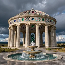 wide long shot, wide angle, brutalist spomenik structure, taiga landscape, greek doric ionic corinthian fountain, by Roger Dean, by Dean Ellis, by Thomas Kinkade, intricate geometric lace with rubies, emeralds, sapphires