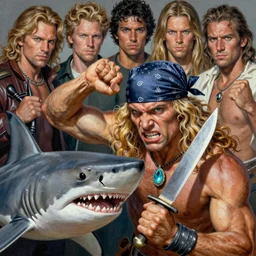 a mixed media portrait painting of an angry man who fights sharks with a knife, ultra realistic, highly detailed, long wavy blonde hair, bandana, topaz necklace, by frank frazetta, greg rutkowski, yoko taro, christian macnevin, wlop, krenz cushart, epic fantasy character art, volumetric lighting, cgsociety, exquisite detail, masterpiece, cinematic