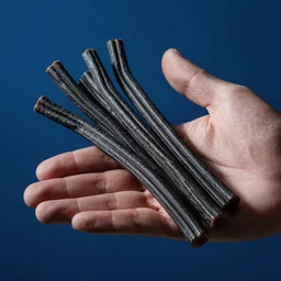 a handful of black licorice on a blue background
