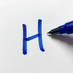 the letter H written in blue pen on a piece of paper, photo