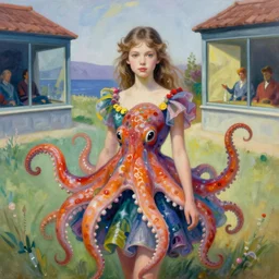a beautiful girl wearing a colourful octopus as a dress, painted by edgar maxence, edward hopper, wayne barlowe and james gilleard, airbrush, art by jamesjean