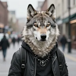 beautiful furry art portrait commission of a furry anthro wolf fursona wearing punk clothes in the streets of a cyberpunk city. character design by charlie bowater, ross tran, rick griffin, miles df, detailed, inked, western comic book art