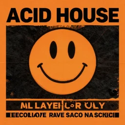 acid house rave flyer, poster, smiley face, florescent orange and black