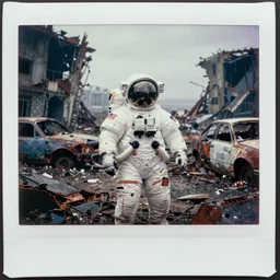 faded photographs of american white spacesuit chubby astronaut in postapocalyptic abandoned destroyed deep sea, wrecked buildings, destroyed flipped wrecked cars, underwater polaroid photo, vintage, 1 9 8 5, neutral colors, rainy day, by gregory crewdson