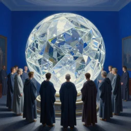 worshippers in robes huddled around a very complex gigantic reflective glowing glass crystal tesseract orb illuminating a small room, very bright white light, high detailed beksinski painting, part by adrian ghenie and gerhard richter. masterpiece, deep colours, blue