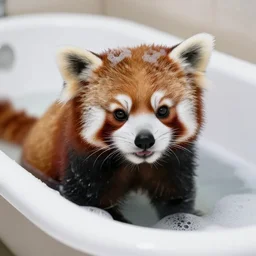 Realistic Photo from a Red Panda bathing in a bathtub with soap bubbles, 4k Photo