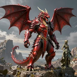 Red dragon armor, bronze statue, unreal engine, high detailed