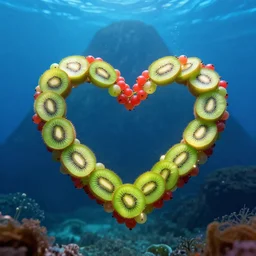 romantic underwater photography of kiwi fruits and gooseberry berries forming heart shape in front an underwater mountain, concept, fantasy, glowing, photorealistim