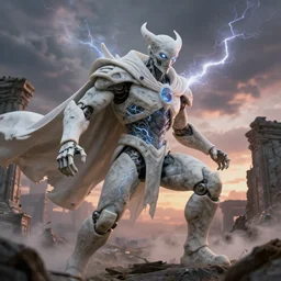 portrait of a diabolical marble stone cyborg, wearing torn white cape, dynamic pose, thunder, glowing eyes, post apocalyptic ancient ruins, glowing veins subsurface scattering, in clouds, sunset, portrait, by gerald brom, by mikhail vrubel, by peter elson, muted colors, extreme detail, trending on artstation, 8 k